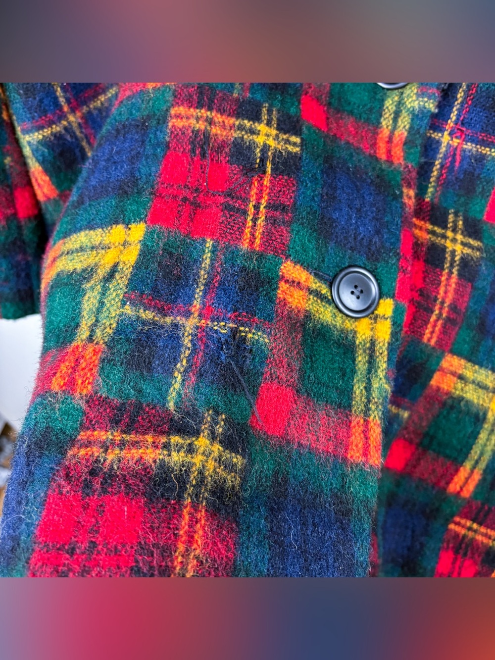 L.L. Bean Vintage Wool Tartan Madras Plaid Coat Oversized Shawl Collar Large - Picture 6 of 6